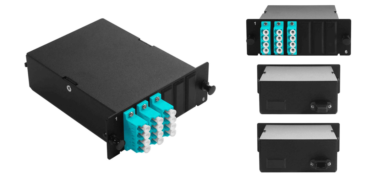 Cabeus FO-4K-3QLC/U-1MPO/U(m)-MM503-BK-T Оптическая кассета в сборе, розетки LC/MM-quad - 3шт. - MPO/UPC - 1шт., гидра MPO/UPC male - 12LC/UPC - 1шт., MM50(ОМ3), черная