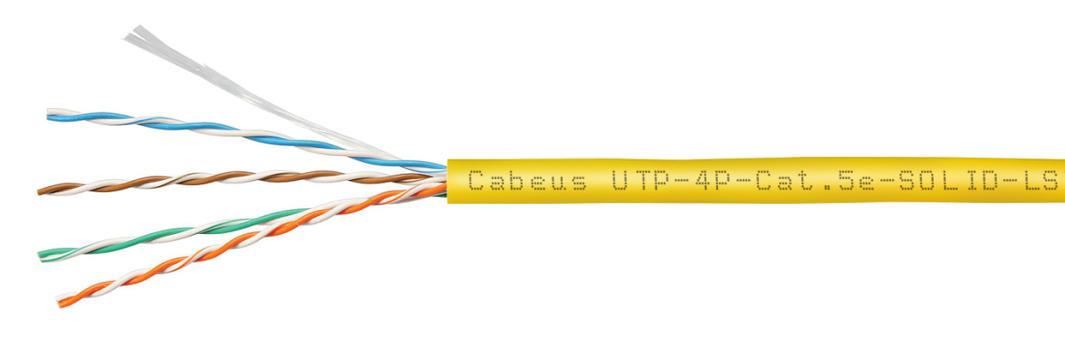 Cabeus UTP-4P-Cat.5e-SOLID-LSZH-YL Кабель витая пара UTP (U/UTP), категория 5e, 4 пары (24 AWG), одножильный, желтый, LSZH, нг(А)-HF, (305 м), системная гарантия 25 лет.