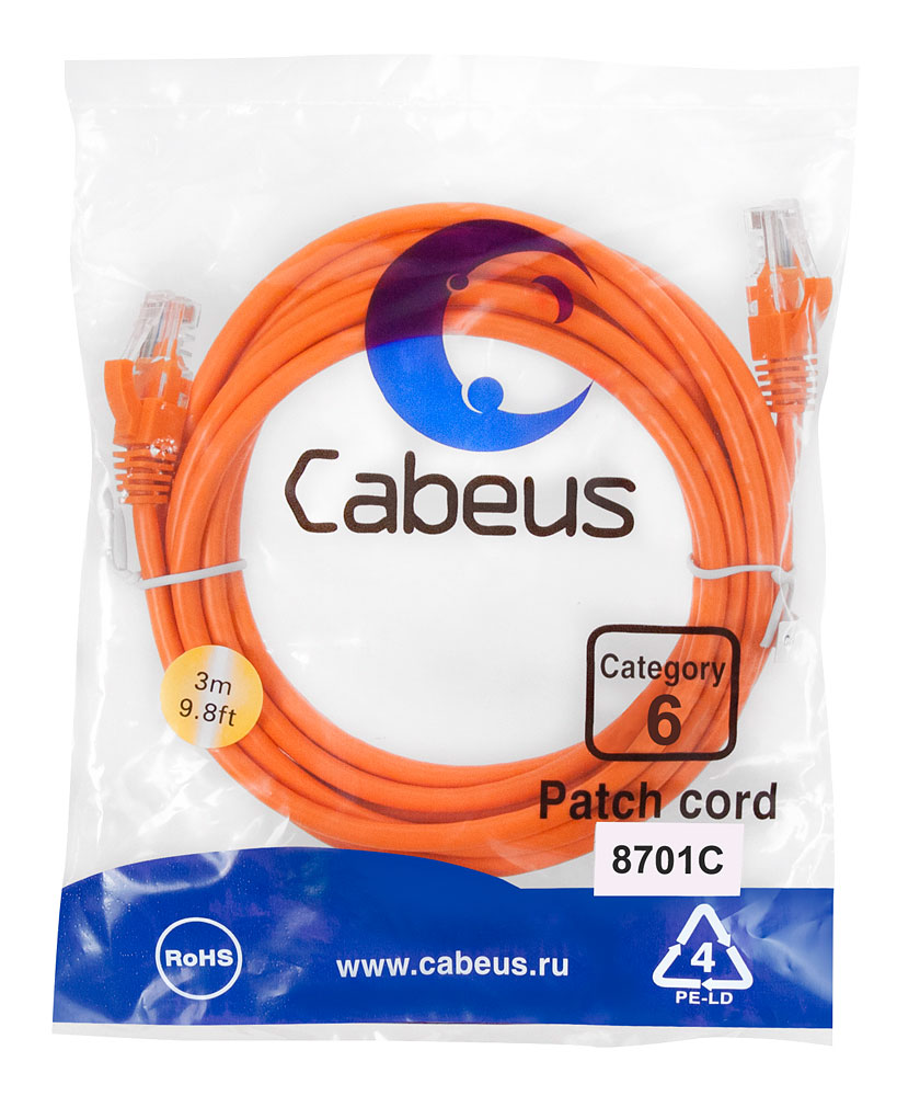 Cabeus PC-UTP-RJ45-Cat.6-3m-OR Патч-корд U/UTP, категория 6, 2xRJ45/8p8c, неэкранированный, оранжевый, PVC, 3м