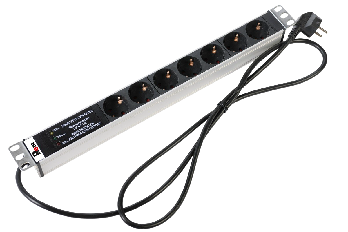 ЦМО R-16-7S-FI-440-1.8 Блок розеток Rem-16 с фил. и инд., 7 Schuko, 16A, алюм., 19", шнур 1,8 м. R-16-7S-FI-440-1.8