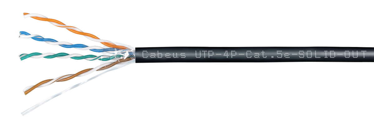 Cabeus UTP-4P-Cat.5e-SOLID-OUT-LSZH-UV Кабель витая пара UTP (U/UTP), категория 5e, 4 пары (24 AWG), одножильный, для внешней прокладки (+75 C - -40), LSZH-UV (305 м)