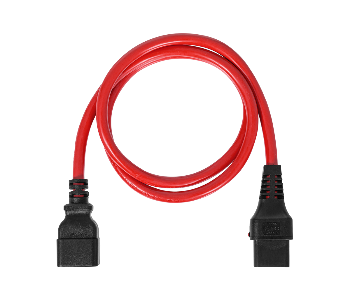 Шнур питания термостойкий с фиксатором IEC60320 C19 / IEC60320 C20, 16А, 250В (3×2,5), 1м, красный, R-16-Cord60-C19-C20-1.0-Red