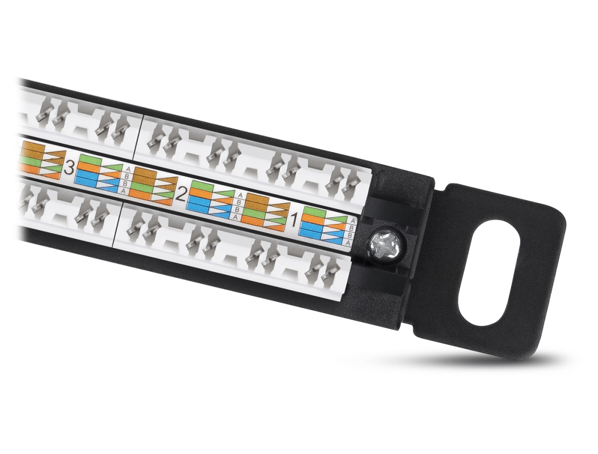 Cabeus PLHD-24-Cat.5e-Dual-180-0,5U Патч-панель высокой плотности 19" (0,5U), 24 порта RJ-45, категория 5e, Dual IDC,180 градусов, с задним кабельным организатором