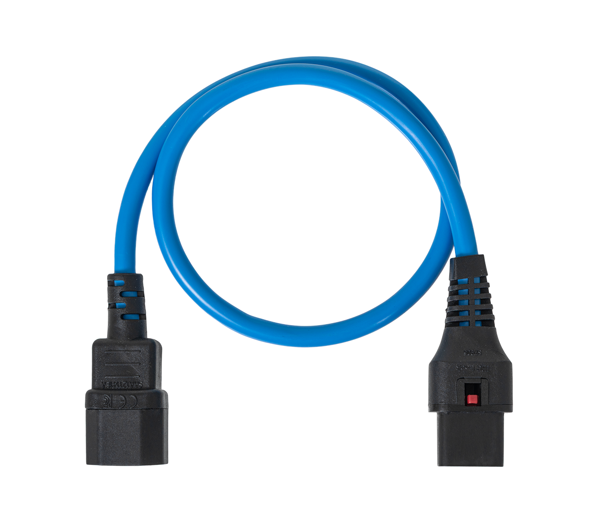 Шнур питания термостойкий с фиксатором IEC60320 C13 / IEC60320 C14, 10А, 250В (3×1,5), 0,5м, синий, R-10-Cord60-C13-C14-0.5-Blue