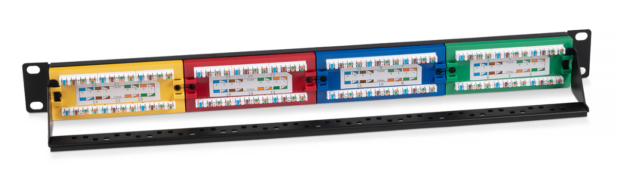 Cabeus PLCOL-24-Cat.5e-Dual IDC Патч-панель 19" (1U), 24 портов RJ-45, категория 5e, Dual IDC, цветная панель, угол портов 45 градусов