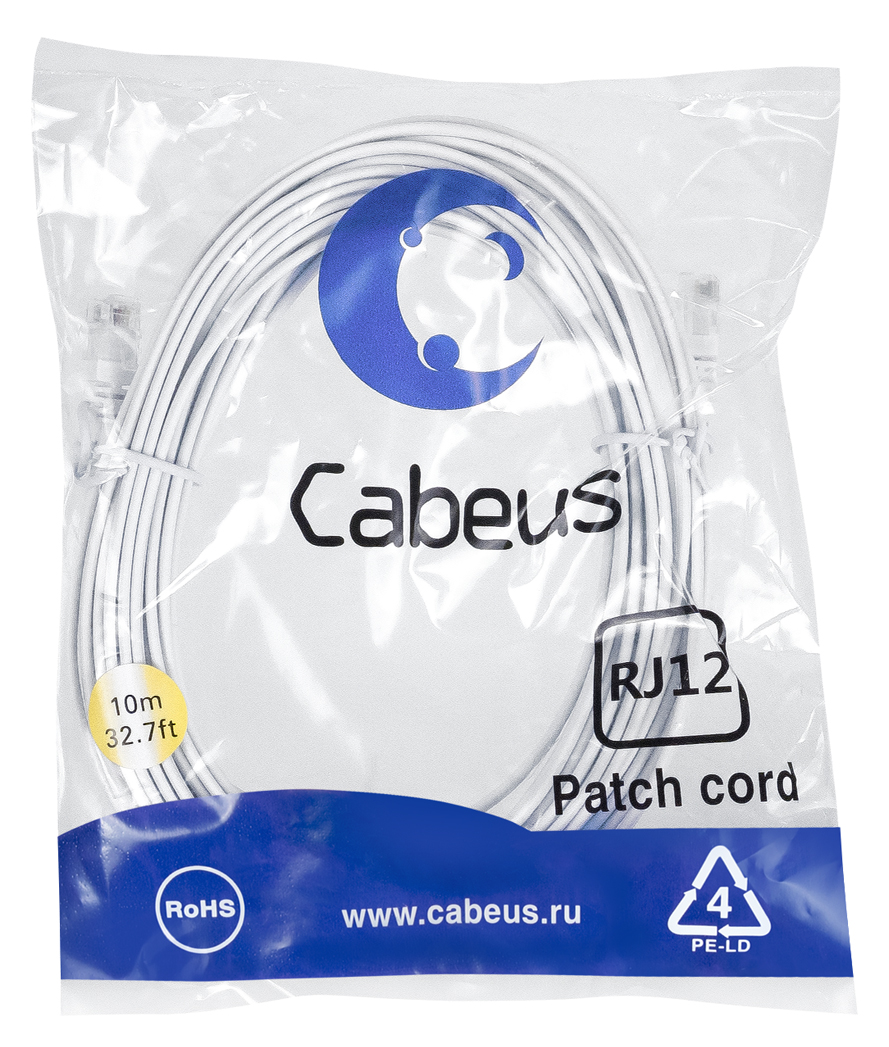 Cabeus PC-TEL-RJ12-10m Патч-корд 6p4c телефонный, 10 м, белый