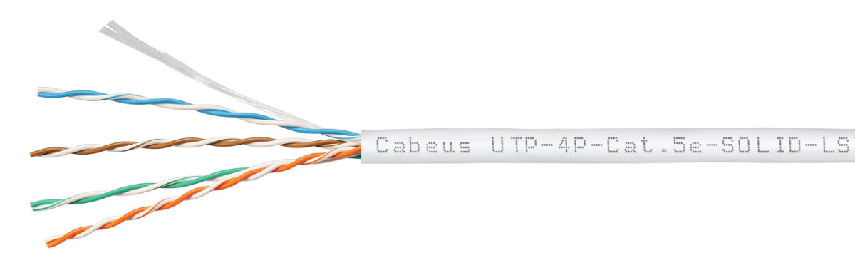 Cabeus UTP-4P-Cat.5e-SOLID-LSZH-WH Кабель витая пара UTP (U/UTP), категория 5e, 4 пары (24 AWG), одножильный, белый, LSZH, нг(А)-HF, (305 м)