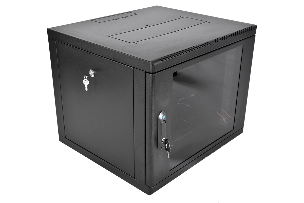 Шкаф телекоммуникационный настенный разборный 9U (600×530) съемные стенки, дверь стекло, цвет черный, ШРН-М-9.500-9005