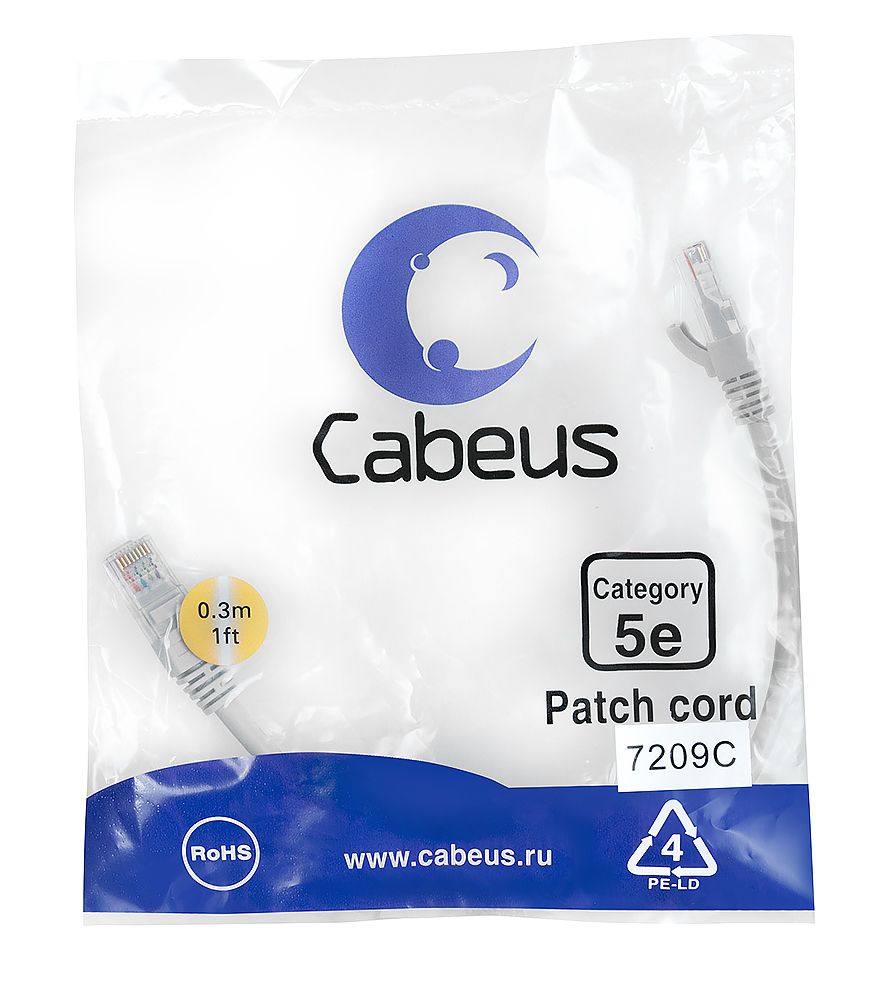 Cabeus PC-UTP-RJ45-Cat.5e-0.3m Патч-корд UTP, Cat.5е, 0.3 м, серый