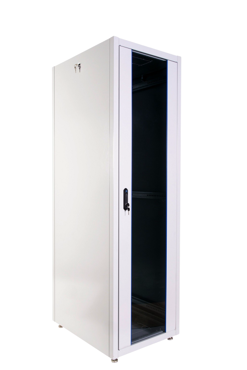 Шкаф телекоммуникационный напольный ЦМО ШТК-Э, IP20, 42U, 1987х600х800 мм (ВхШхГ), дверь: стекло, задняя дверь: металл, боковая панель: сплошная, разборный, цвет: серый, (ШТК-Э-42.6.8-13АА)