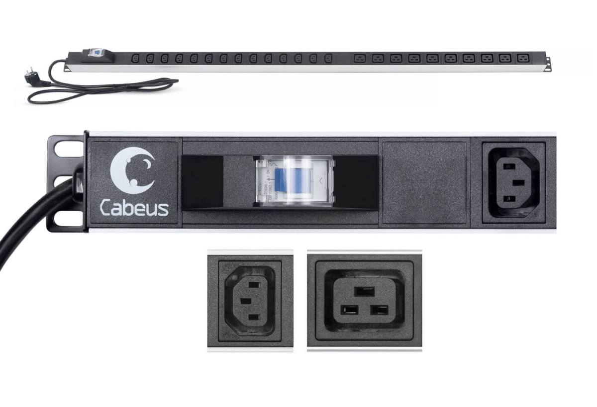Cabeus PDU-16-14C13-10C19-B Блок распределения питания для 19" шкафов, вертикальный, 10 розеток IEC 320 C19, 14 розеток IEC 320 C13, 16А, автомат защиты, алюминиевый корпус, шнур с вилкой Schuko 2м