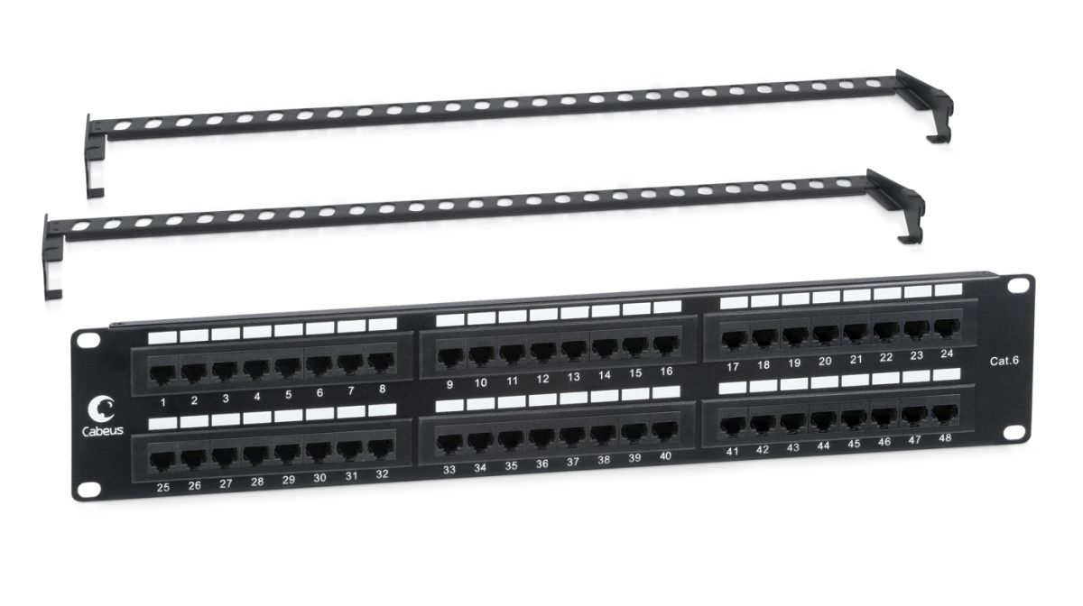 Cabeus PL-48-Cat.6-Dual IDC Патч-панель 19" (2U), 48 портов RJ-45, категория 6, Dual IDC, с задним кабельным организатором