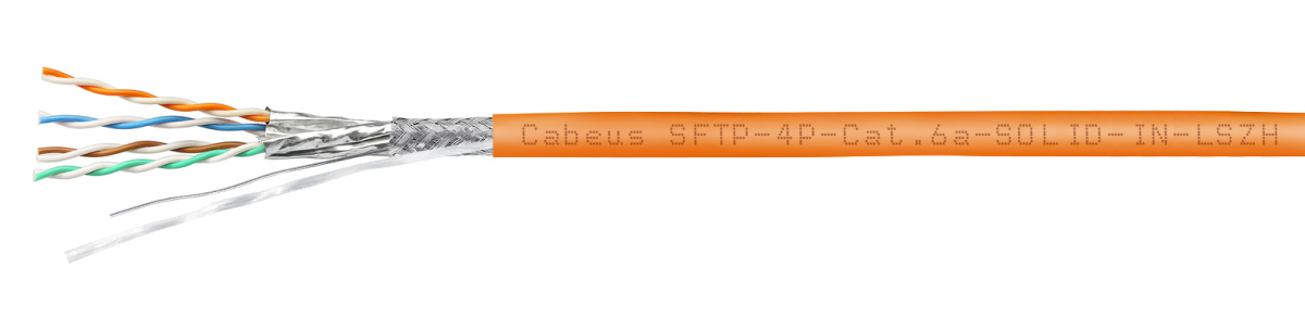 Cabeus SFTP-4P-Cat.6a-SOLID-IN-LSZH Кабель витая пара, категория 6a (10GBE) S/FTP, 4 пары 0,57мм (23 AWG), одножильный (solid), каждая пара в экране, общий экран - сетка, LSZH (305 м)