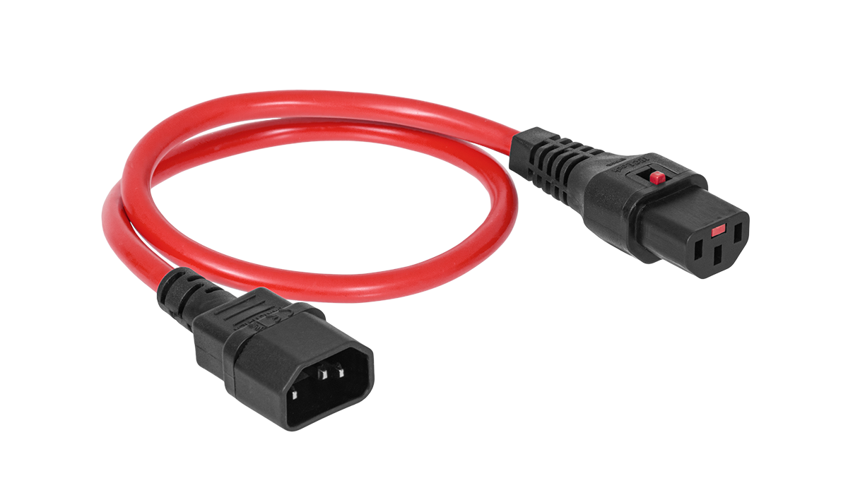 Шнур питания термостойкий с фиксатором IEC60320 C13 / IEC60320 C14, 10А, 250В (3×1,5), 0,5м, красный, R-10-Cord60-C13-C14-0.5-Red