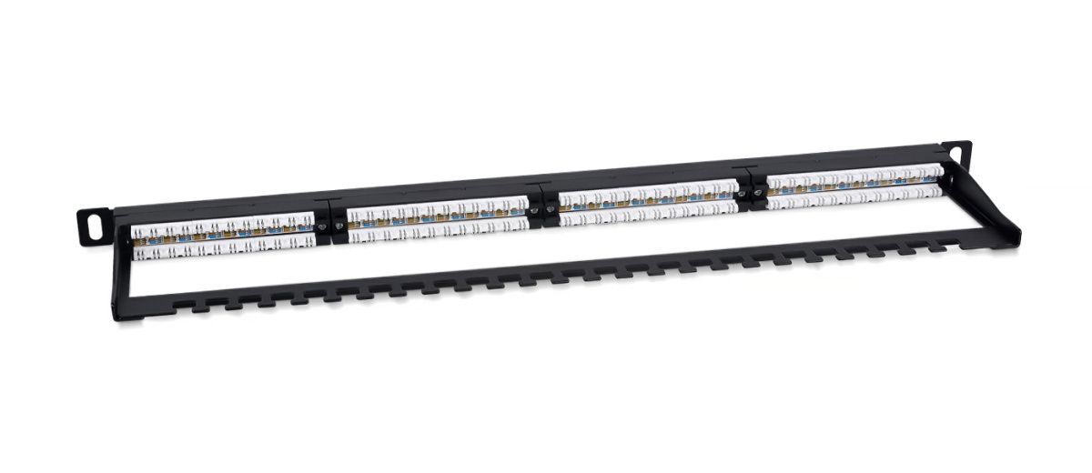 Cabeus PLHD-24-Cat.5e-Dual-180-0,5U Патч-панель высокой плотности 19" (0,5U), 24 порта RJ-45, категория 5e, Dual IDC,180 градусов, с задним кабельным организатором