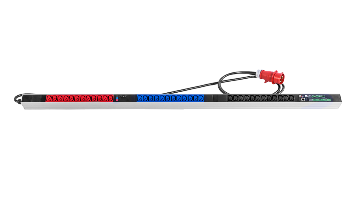 Верт блок розеток Rem-2MC, монит, измер, 3×16A, 36C13, 1420мм, шнур 3м IEC309, R-2MC3-3x16-36C13-MI-1420-3-3PN