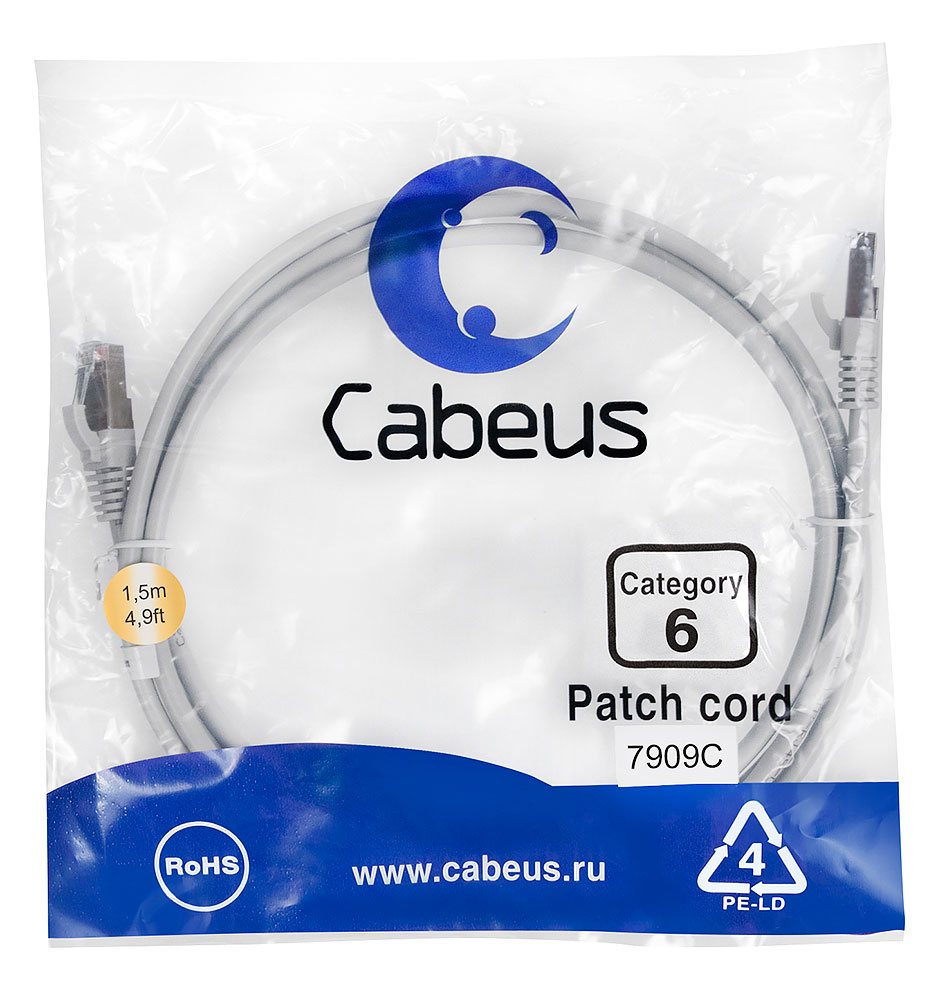 Cabeus PC-FTP-RJ45-Cat.6-1.5m-LSZH Патч-корд FTP, категория 6, F/UTP экранированный, LSZH, 1.5 м, серый