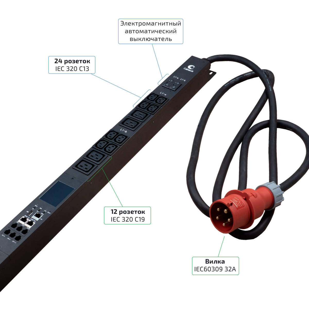 Cabeus SMART-PDU-32-3P-24C13-12C19-I309-M Блок распределения питания, вертикальный, 24 розеток IEC 320 C13, 12 розеток IEC 320 C19, 3 фазы, 32А, 6х16А автомата защиты, 400В, мониторинг, шнур 3м 5х6мм с вилкой IEC 60309