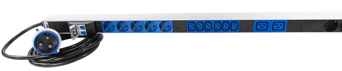 R-32-10S-12C13-4C19-A-I-1420-3-2P Верт блок розеток Rem-32, 1 фаза 32A, 2 авт, инд, 10S, 12 C13, 4 C19, 1420 мм, вх IEC 309, шнур 3 м