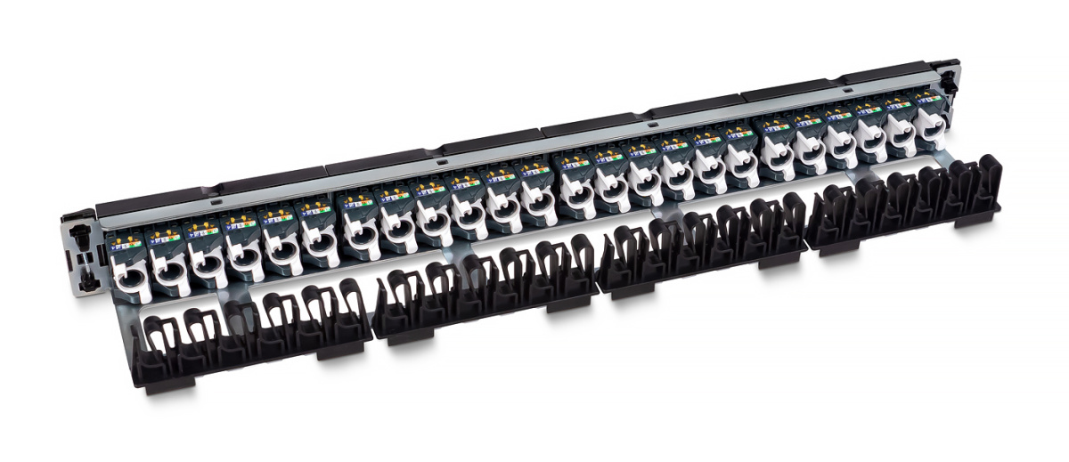 Cabeus PL-24-KJ-RJ45-Cat.6a-180T Патч-панель 19" (1U), 24 порта RJ-45, категория 6a, с задним кабельным организатором, безинструментный монтаж