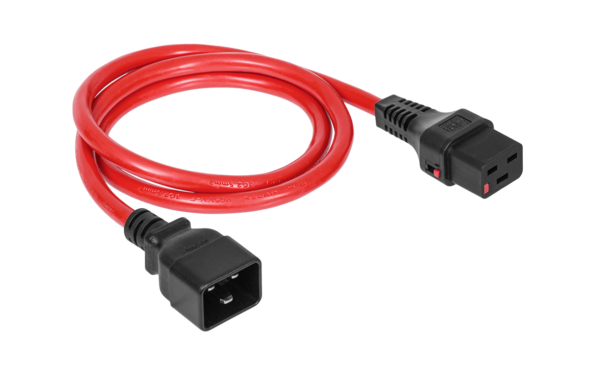 Шнур питания термостойкий с фиксатором IEC60320 C19 / IEC60320 C20, 16А, 250В (3×2,5), 1м, красный, R-16-Cord60-C19-C20-1.0-Red
