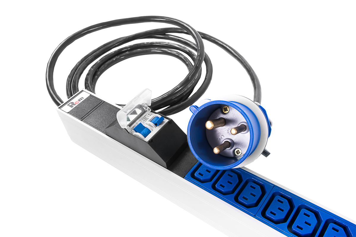 Верт блок розеток Rem-32, 1×32A, 2 авт, инд, 24C13, 6C19, 1420мм, шнур 3м IEC309, R-32-24C13-6C19-A-I-1420-3-2P