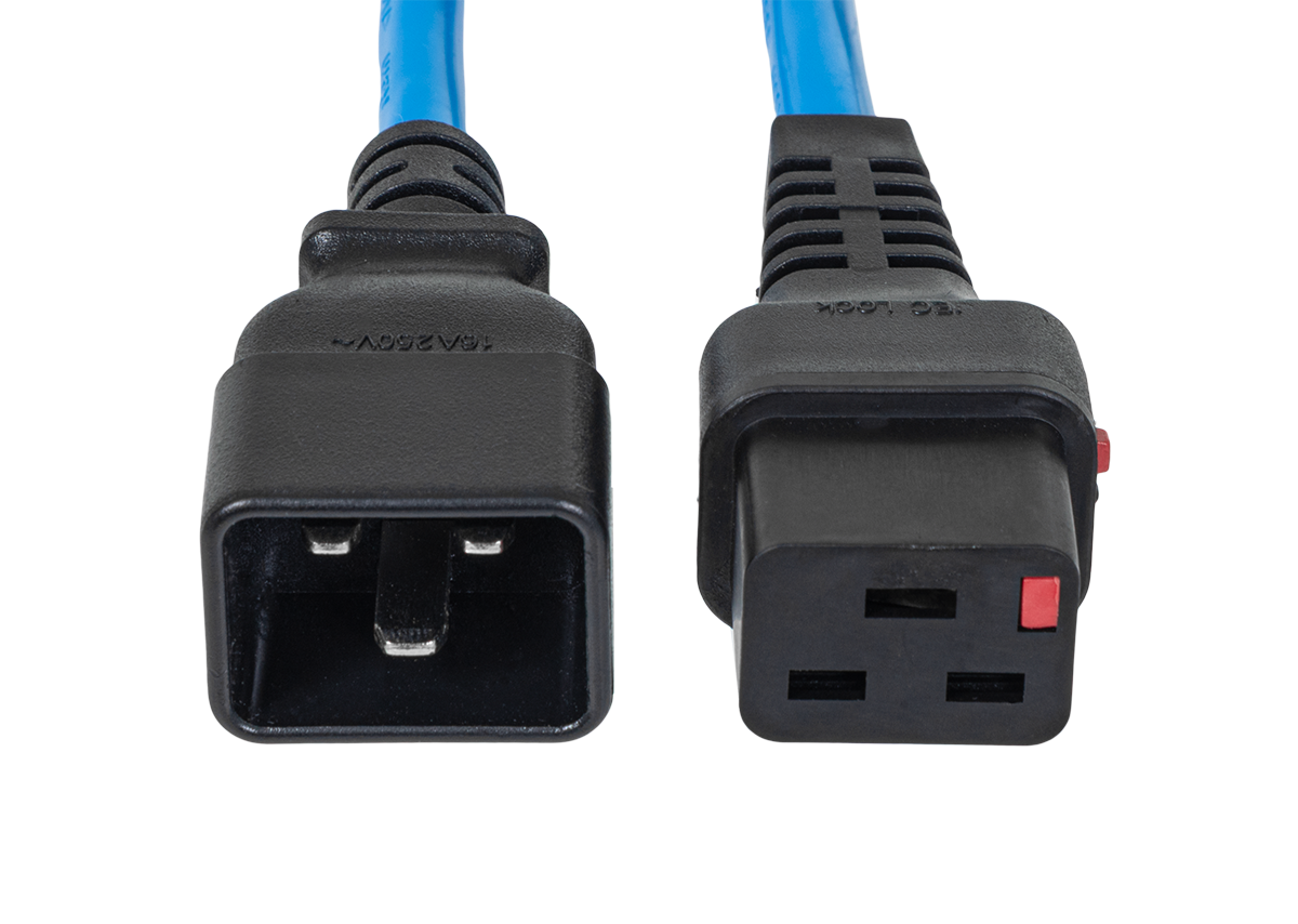Шнур питания термостойкий с фиксатором IEC60320 C19 / IEC60320 C20, 16А, 250В (3×2,5), 0,5м, синий, R-16-Cord60-C19-C20-0.5-Blue