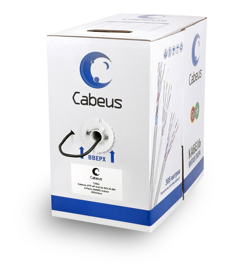 Cabeus UTP-4P-Cat.5e-SOLID-BK Кабель витая пара UTP (U/UTP), категория 5e, 4 пары 0,51мм (24 AWG), одножильный, черный (305 м)