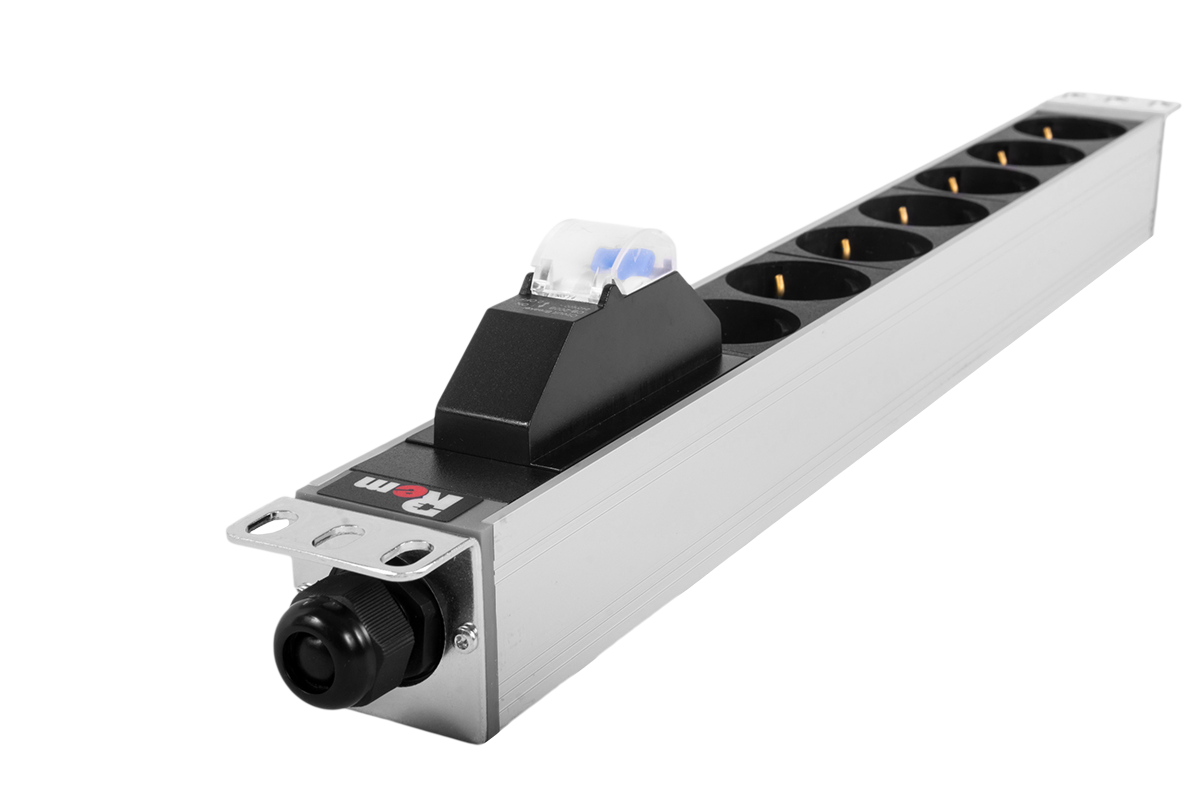 Блок силовых розеток Rem Rem-16, Shuko х 7, вход колодка, 45х484х45 мм (ВхШхГ), 16А, автомат, без шнура