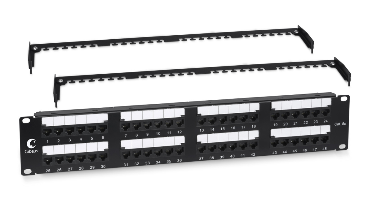 Cabeus PL2-48-Cat.5e-Dual IDC Патч-панель 19" (2U), 48 портов RJ-45, категория 5e, Dual IDC, с задним кабельным организатором