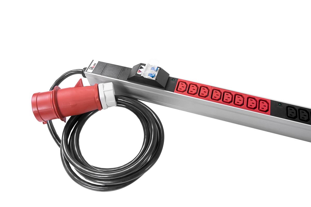 Верт блок розеток Rem-3×32, 3×32A, 6 авт, инд, 48C13, 1820мм, шнур 3м IEC309, R-3x32-48C13-A-I-1820-3-3PN