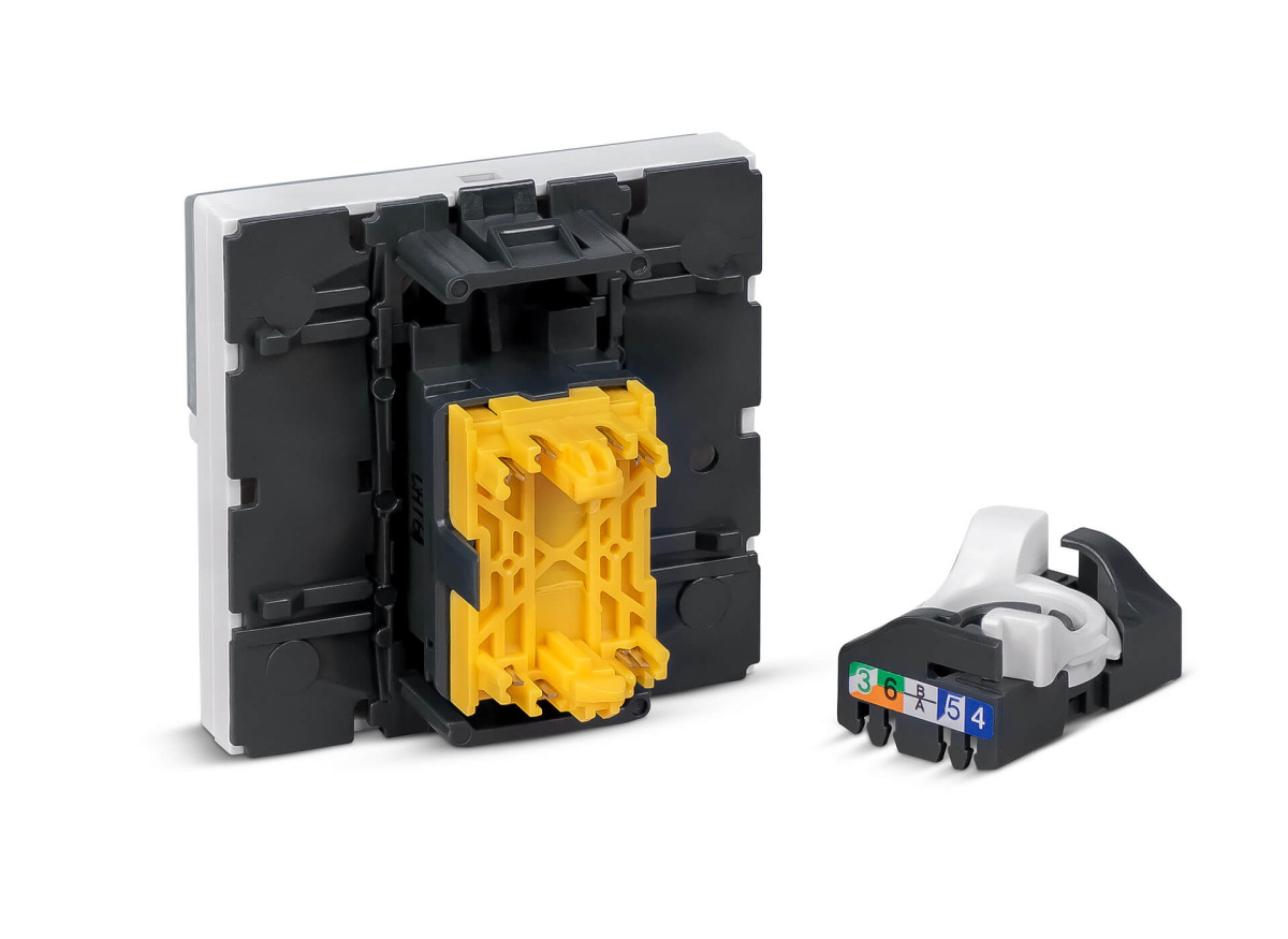 Cabeus KJ-RJ45-Cat.6a-180T-FP-L-45 Keystone Jack RJ-45(8P8C), 180 градусов, категория 6a, безинструментный монтаж, вставка Mosaic (арт.076574)