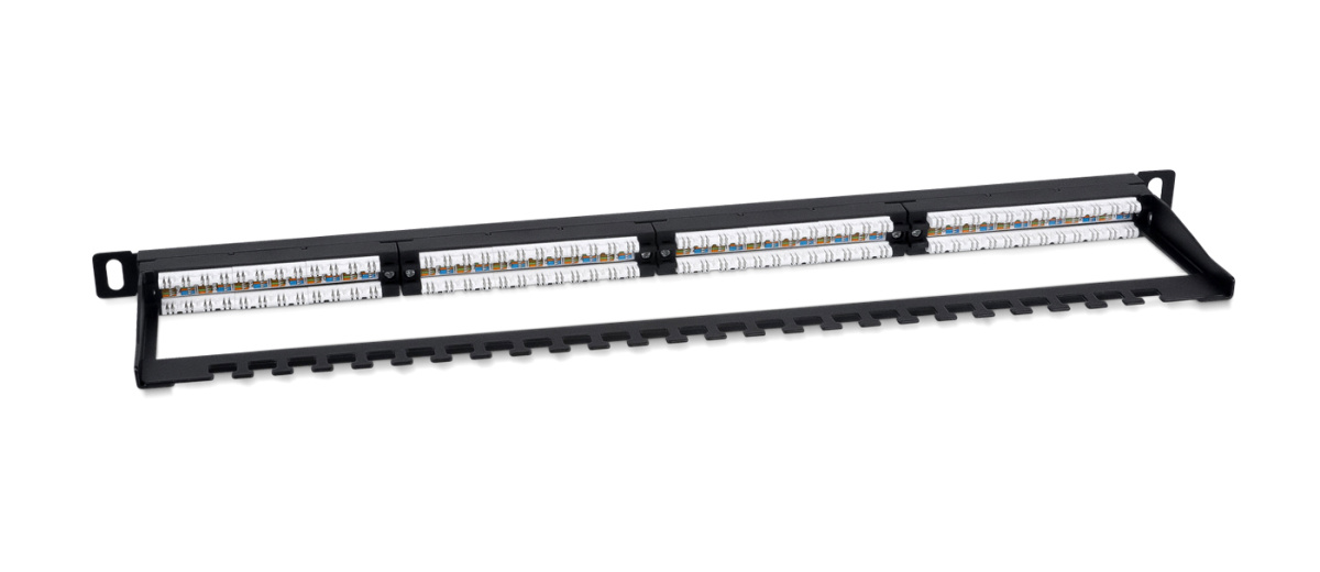 Cabeus PLHD-24-Cat.6a-Dual-180-0,5U Патч-панель высокой плотности 19" (0,5U), 24 порта RJ-45, категория 6a, Dual IDC,180 градусов, с задним кабельным организатором