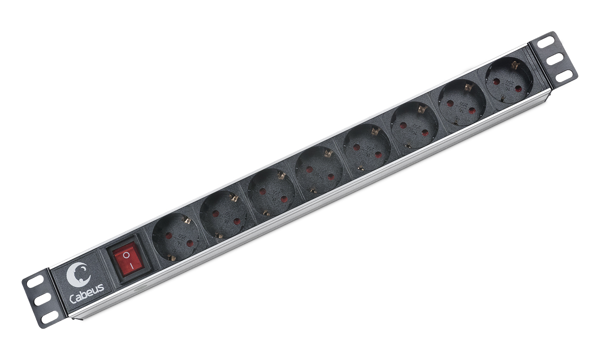 Cabeus PDU-8P Блок евророзеток для 19" шкафов, горизонтальный, 8 розеток, 16 A, выключатель, гнездо под шнур, алюминиевый корпус