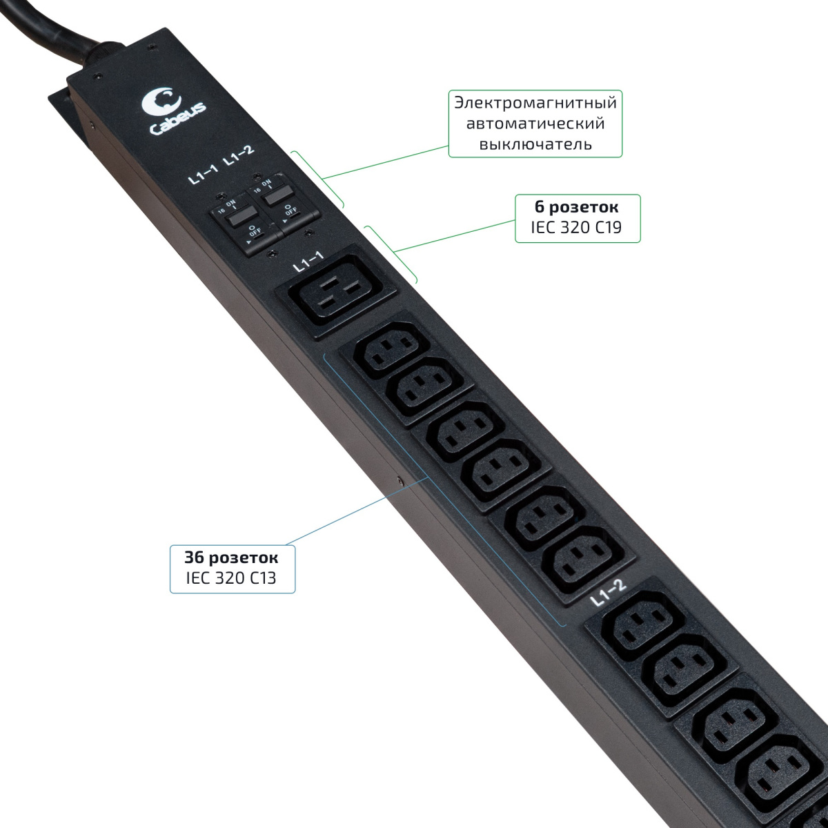 Cabeus PDU-32-3P-36C13-6C19-I309 Блок распределения питания для 19" шкафов, вертикальный, 6 розеток IEC 320 C19, 36 розеток IEC 320 C13, 3 фазы, 32А, автоматы защиты, шнур с вилкой IEC309 3м