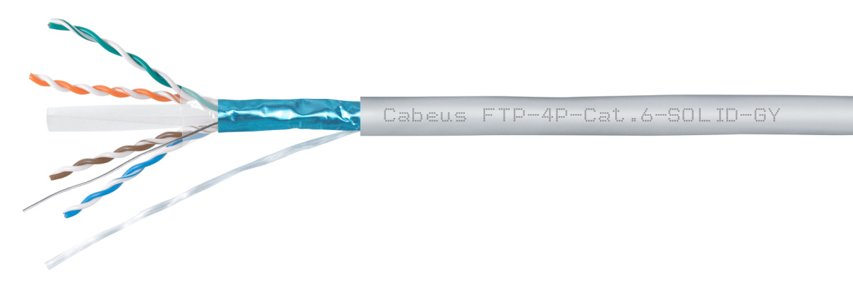 Cabeus FTP-4P-Cat.6-SOLID-GY-100 Кабель витая пара экранированная FTP (F/UTP), категория 6, 4 пары (23 AWG), одножильный (100 м), PVC нг(А)-LS
