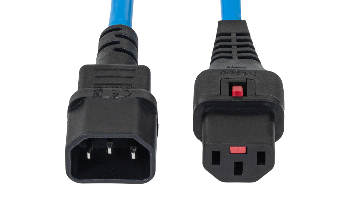 Шнур питания термостойкий с фиксатором IEC60320 C13 / IEC60320 C14, 10А, 250В (3×1,5), 0,5м, синий, R-10-Cord60-C13-C14-0.5-Blue