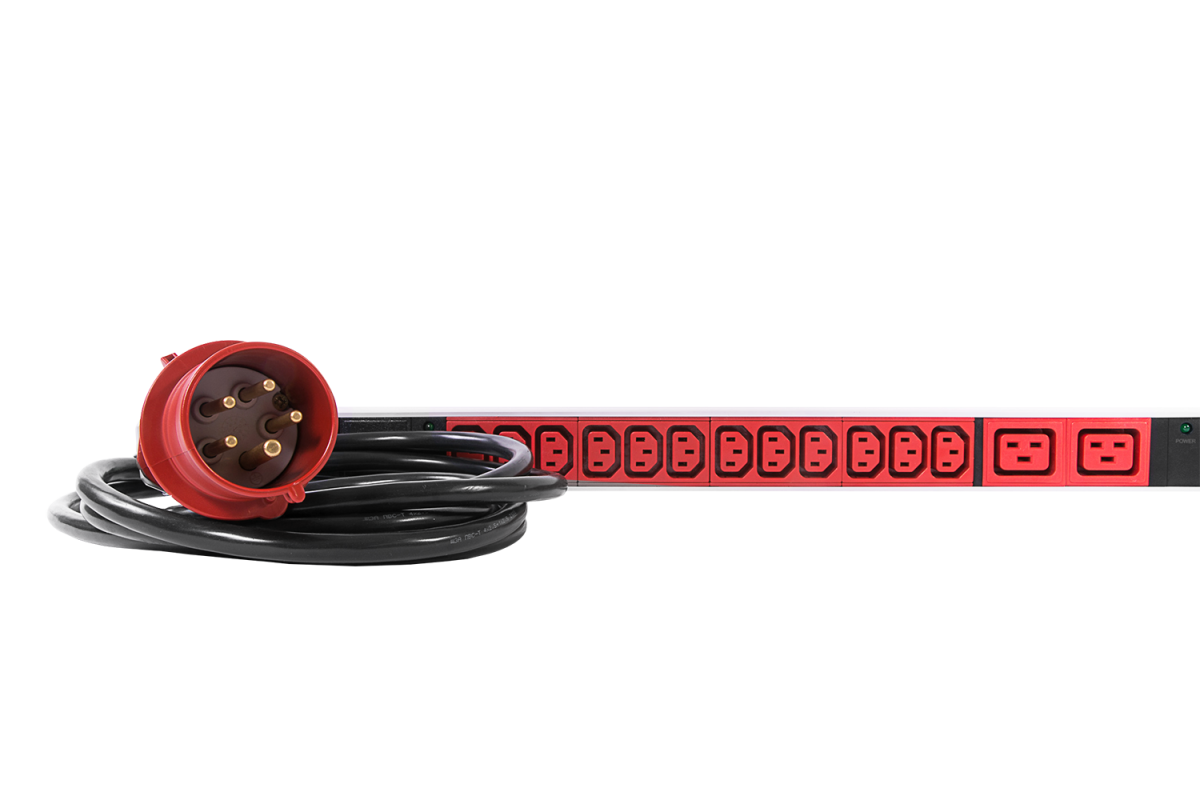 Верт блок розеток, мониторинг, измерение, 3 фазы 16А, 24C13, 6C19, 1420 мм, вх IEC 309, шнур 3м