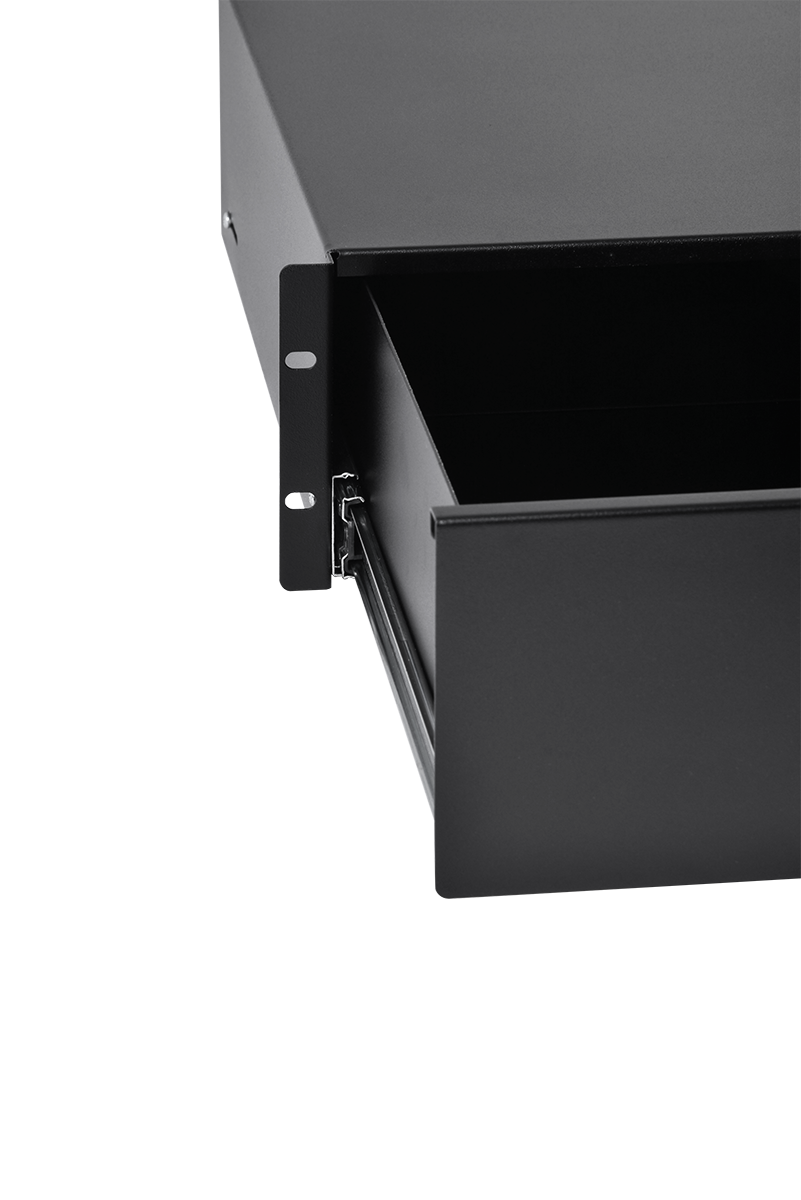 Полка (ящик) для документации 3U, на передней панели установлена ручка и замок, ящик имеет телескопические направляющие, нагрузка до 15кг, черный RAL 9005, 133х483х460 мм  ТСВ-Д-3U.450-9005