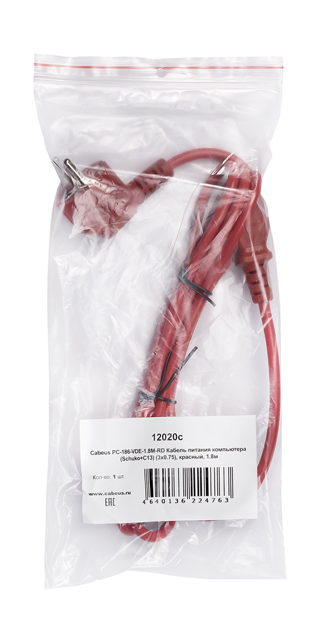 Cabeus PC-186-VDE-1.8M-RD Кабель питания компьютера (Schuko+C13) (3x0.75), красный, 1.8м