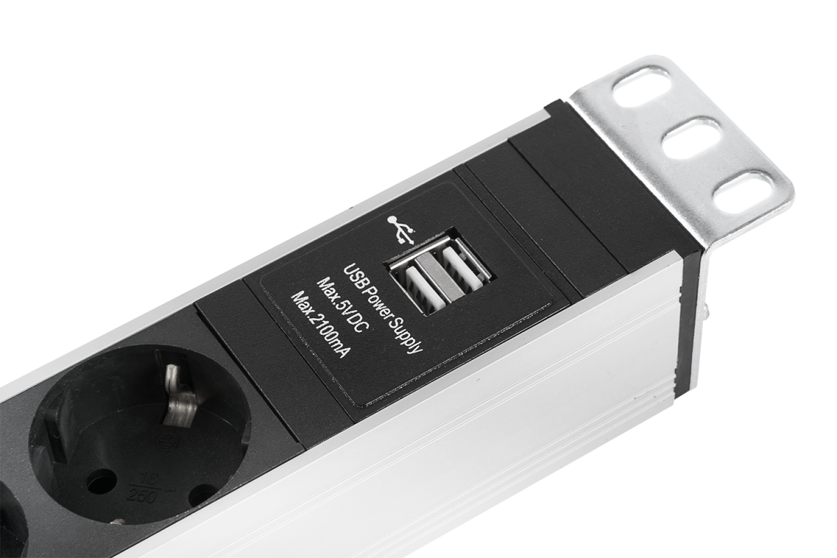 Гор блок розеток Rem-16, 1×16, выкл, USB-порт, 6S, 19", шнур 3м, R-16-6S-V-U-440-3