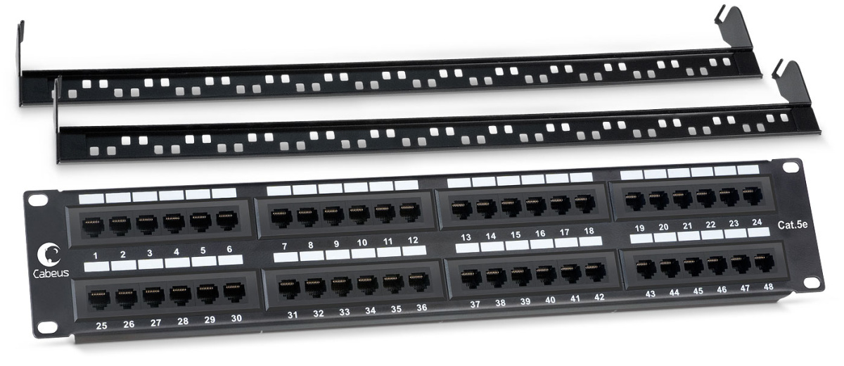 Cabeus PL-48-Cat.5e-Dual IDC Патч-панель 19" (2U), 48 портов RJ-45, категория 5e, Dual IDC, с задним кабельным организатором
