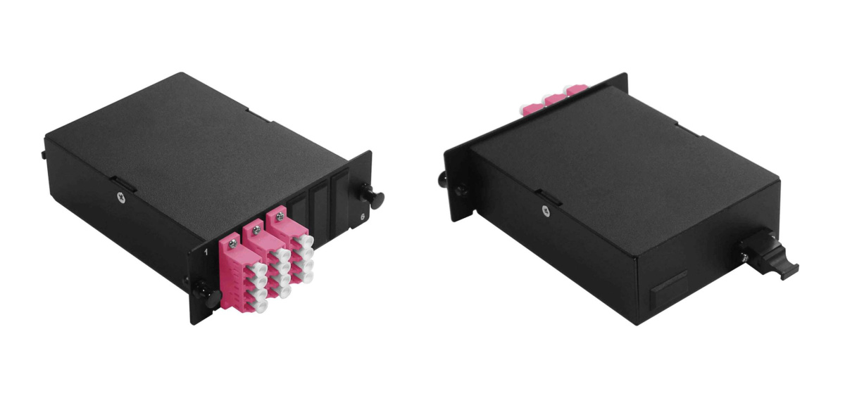 Cabeus FO-4K-3QLC/U-1MPO/U(m)-MM504-BK-T Оптическая кассета в сборе, розетки LC/MM-quad - 3шт. - MPO/UPC - 1шт., гидра MPO/UPC male - 12LC/UPC - 1шт., MM50(ОМ4), черная