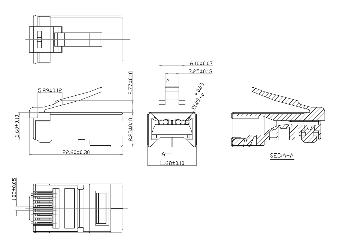 Cabeus 8P8C-SH Разъем RJ-45 под витую пару, категория 5e, экранированный, универсальный (для одножильного и многожильного кабеля)