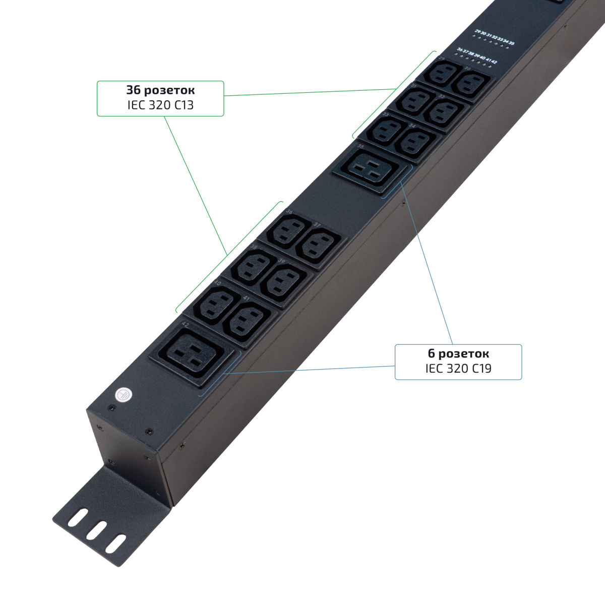 Cabeus SMART-PDU-32-1P-36C13-6C19-I309-CM Блок распределения питания, вертикальный, 36 розеток IEC 320 C13, 6 розеток IEC 320 C19, 1 фаза, 32А, 2х16А, автомат защиты, 250В, мониторинг/управление, шнур 3м 3х6мм с вилкой IEC 60309