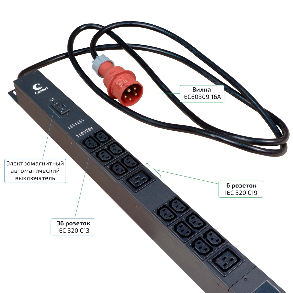 Cabeus SMART-PDU-16-3P-36C13-6C19-I309-CM Блок распределения питания, вертикальный, 36 розеток IEC 320 C13, 6 розеток IEC 320 C19, 3 фазы, 16А, 3х16А автомата защиты, 400В, мониторинг/управление, шнур 3м 5х2,5мм с вилкой IEC 60309