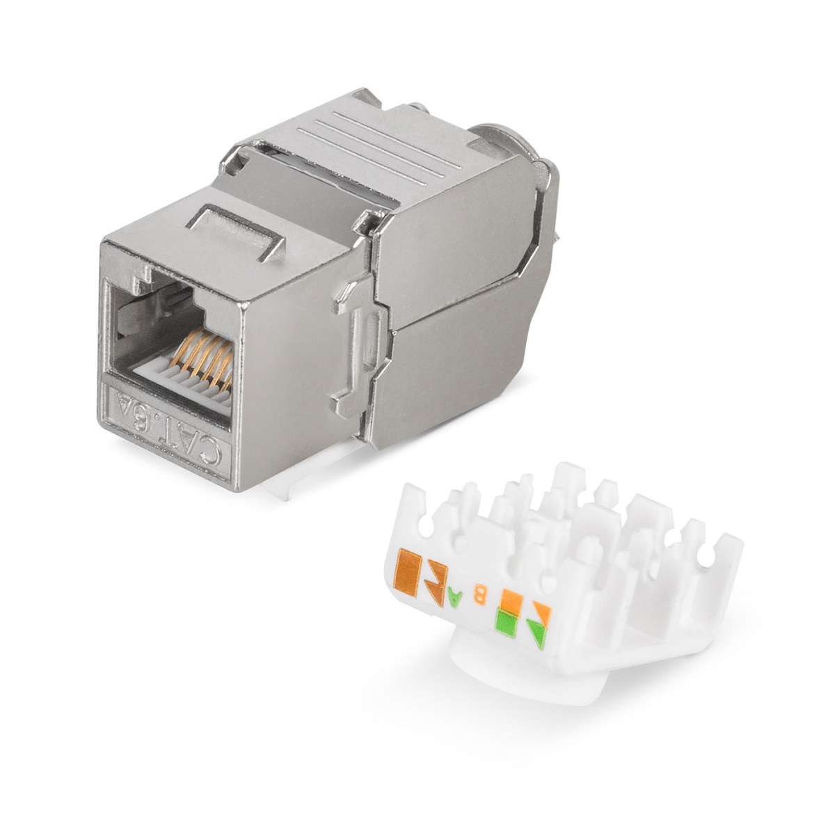 Cabeus KJ-RJ45-Cat.6A-SH-180-Toolless Вставка Keystone Jack RJ-45(8P8C), 180 градусов, категория 6A, полный экран, без инструмента Toolless, белая