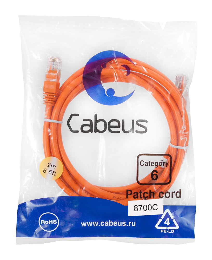 Шнур коммутационный Cabeus PC-UTP-RJ45-Cat.6-2m-OR Патч-корд UTP, категория 6, 2 м, неэкранированный, оранжевый