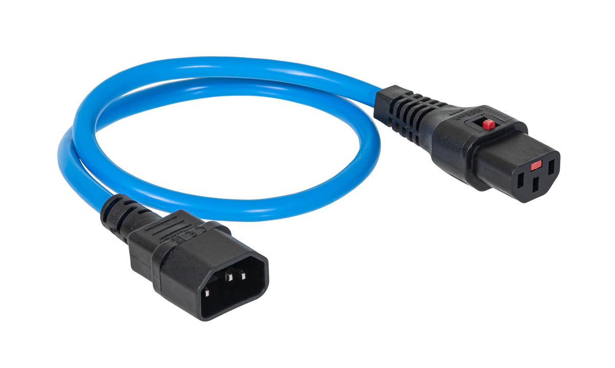 Шнур питания термостойкий с фиксатором IEC60320 C13 / IEC60320 C14, 10А, 250В (3×1,5), 0,5м, синий, R-10-Cord60-C13-C14-0.5-Blue