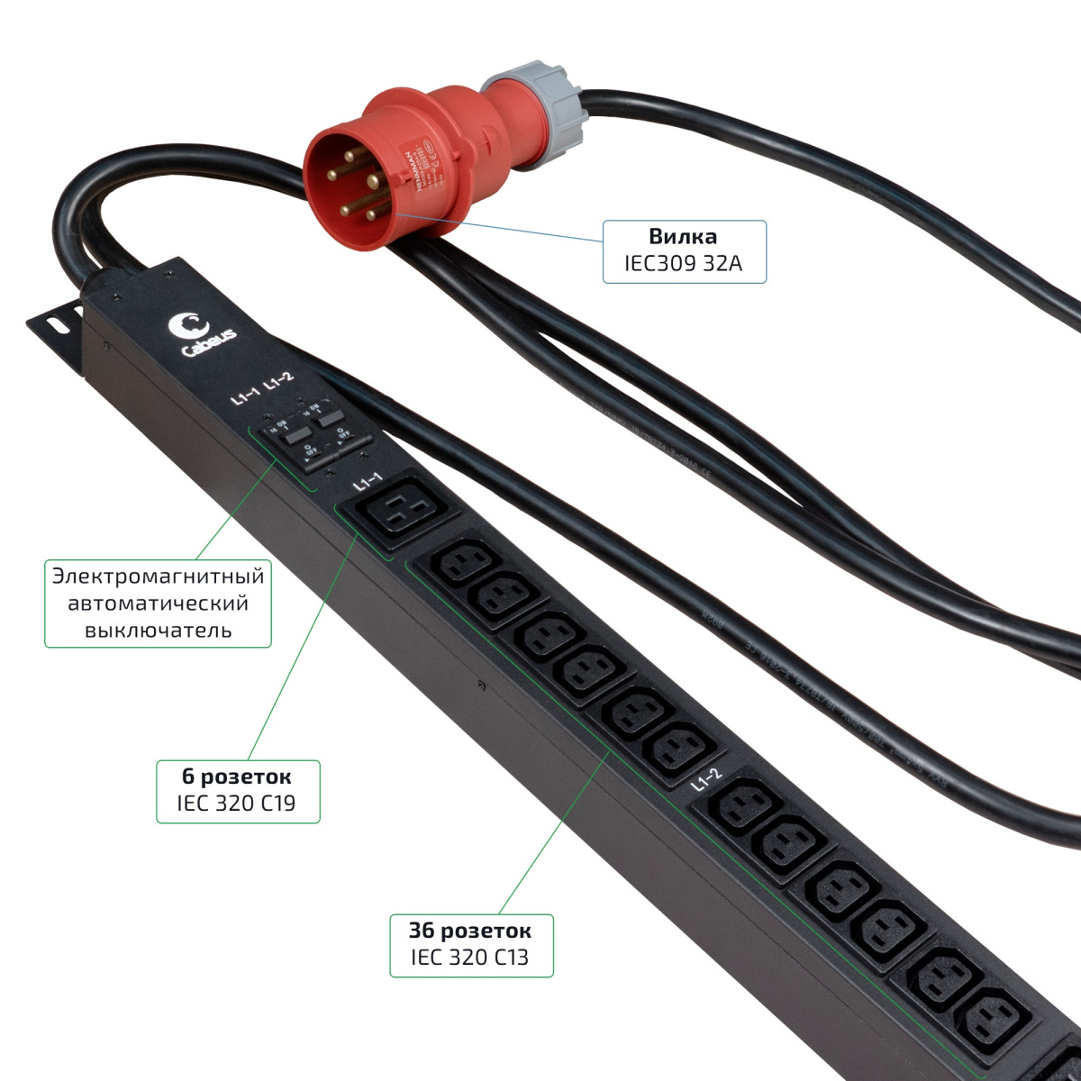 Cabeus PDU-32-3P-36C13-6C19-I309 Блок распределения питания для 19" шкафов, вертикальный, 6 розеток IEC 320 C19, 36 розеток IEC 320 C13, 3 фазы, 32А, автоматы защиты, шнур с вилкой IEC309 3м